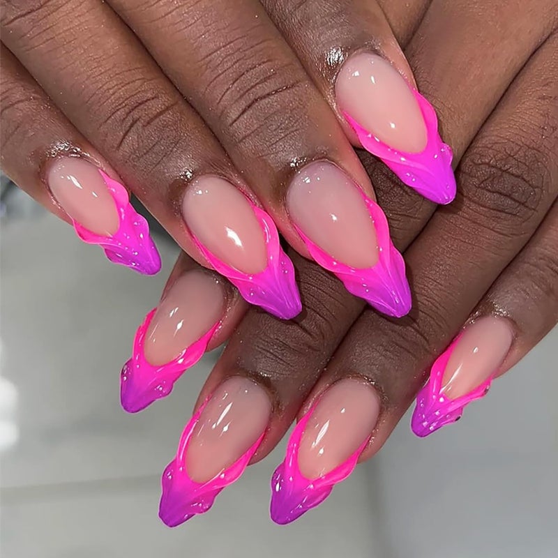 ASABITE 24 Pcs Almond Press on Nails Medium Fake Nails Kit Pink French Tip False Nails with 3D Design Almond Nail Tips Acrylic Nails Press ons Glossy Holiday Glue on Nails Reusable Stick on Nails for Women - Image 1